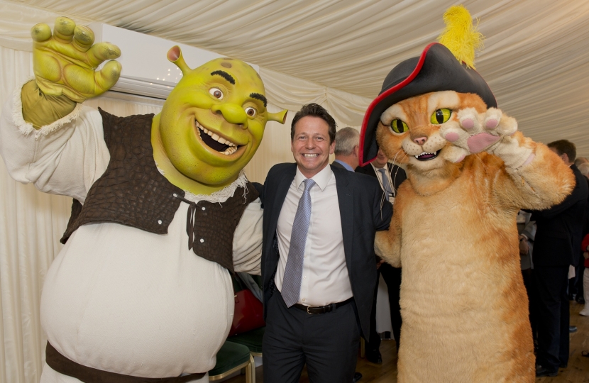 Nigel Huddleston MP with Shrek and Puss in Boots