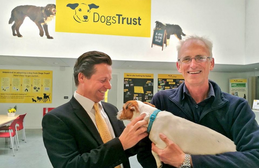 Nigel Huddleston MP with Sylvester at the Dogs Trust rehoming centre